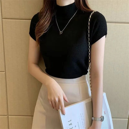 Knitted Turtleneck Blouse – Summer Short Sleeve