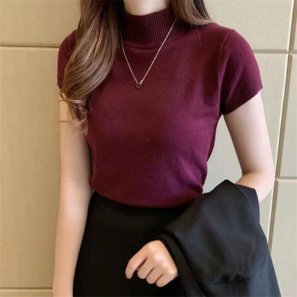 Knitted Turtleneck Blouse – Summer Short Sleeve